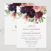 Burgundy & Blush Bloemen Bruiloft 2 V2 Kaart (Voorkant / Achterkant)