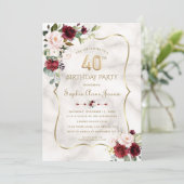 Burgundy Blush Bloemen Goud Marmer 40e Verjaardag  Kaart (Staand voorkant)