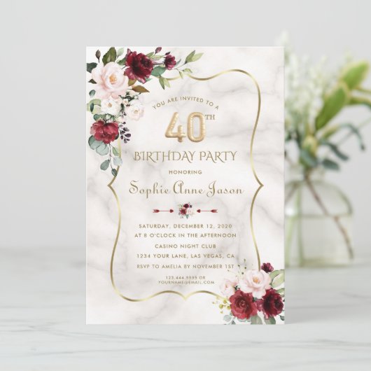 Burgundy Blush Bloemen Goud Marmer 40e Verjaardag  Kaart (Staand voorkant)