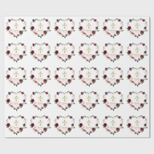 Burgundy Blush Bloemen Gouden Frame Kruis Doop Cadeaupapier (Vlak)