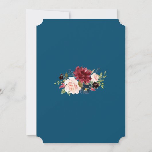 Burgundy Blush Bloemen Gouden Kruis Blauwe Doop Kaart (Achterkant)