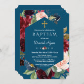 Burgundy Blush Bloemen Gouden Kruis Blauwe Doop Kaart (Voorkant / Achterkant)