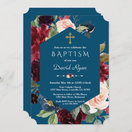 Burgundy Blush Bloemen Gouden Kruis Blauwe Doop Kaart (Voorkant / Achterkant)