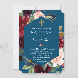 Burgundy Blush Bloemen Gouden Kruis Blauwe Doop Kaart