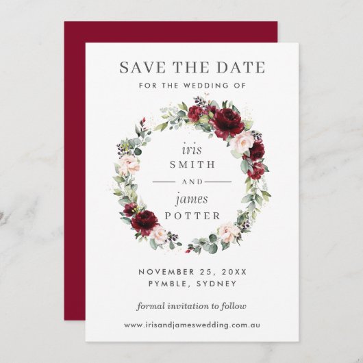 Burgundy Blush Bloemen Huwelijk Save the Date Kaar Kaart (Voorkant / Achterkant)