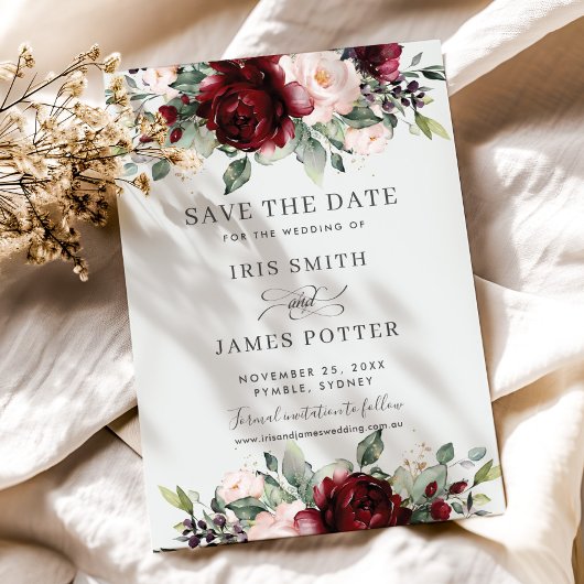 Burgundy Blush Bloemen Huwelijk Save the Date Kaar Kaart
