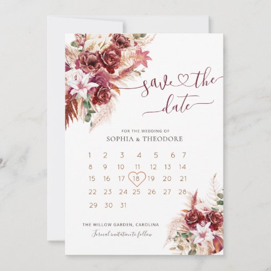 Burgundy & Blush Bloemencalender Save The Date (Voorkant)