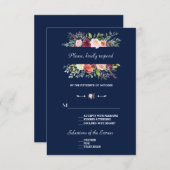 Burgundy Blush Bloemenframe Trouwen in donkerblauw RSVP Kaartje (Voorkant / Achterkant)