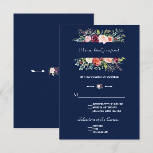 Burgundy Blush Bloemenframe Trouwen in donkerblauw RSVP Kaartje (Voorkant / Achterkant)