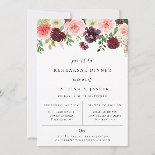 Burgundy Blush Bloemenoefening Diner Uitnodiging (Voorkant)