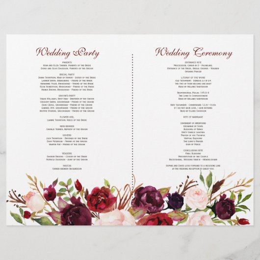 Burgundy Blush Bloemige Geweien Huwelijksprogramma (Achterkant)