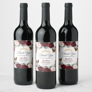 Burgundy Blush Bloemige Quinceañera Vlinders Goud Wijn Etiket