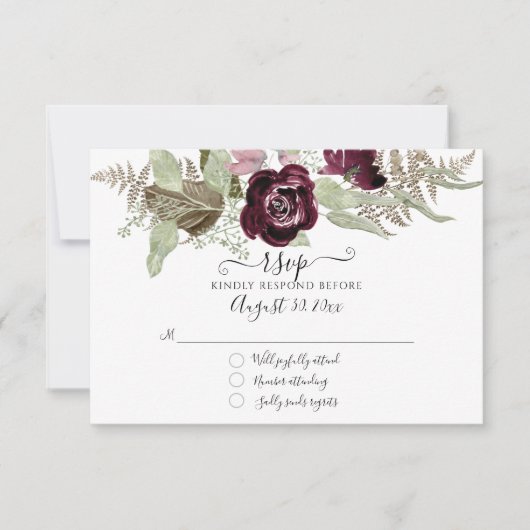 Burgundy Blush Bloemrijke Elegante Sage Trouw RSVP (Voorkant)
