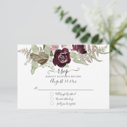 Burgundy Blush Bloemrijke Elegante Sage Trouw RSVP (Staand voorkant)