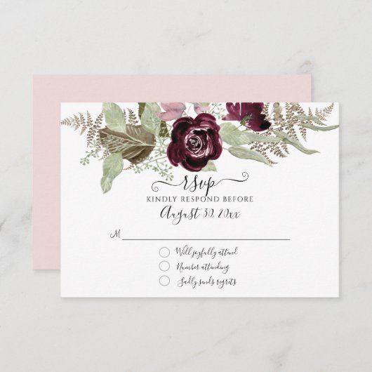 Burgundy Blush Bloemrijke Elegante Sage Trouw RSVP (Voorkant / Achterkant)