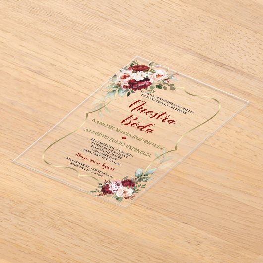 Burgundy Blush Bloemrijke Herfst Spaanse Nuestra B Acryl Uitnodigingen (Laagn)