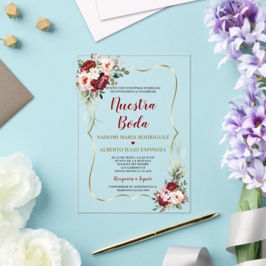 Burgundy Blush Bloemrijke Herfst Spaanse Nuestra B Acryl Uitnodigingen (Insitu (Huwelijk))