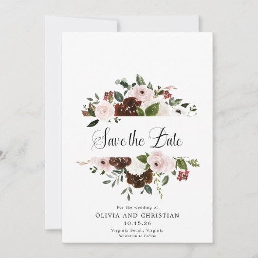 Burgundy Blush Bloemrijke Moderne Calligrafie Save The Date (Voorkant)