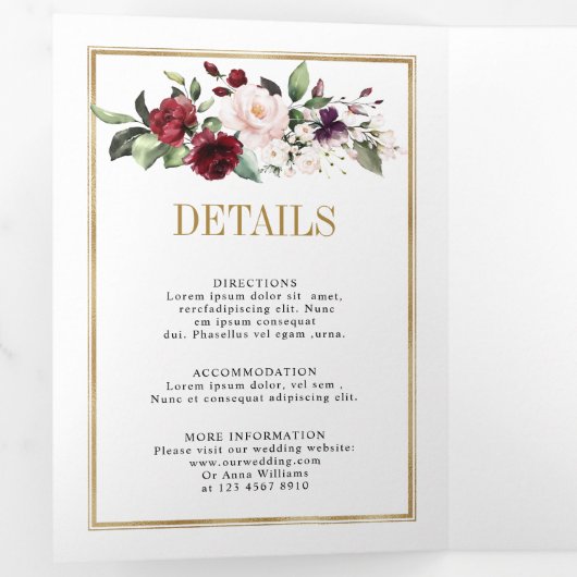 Burgundy Blush Bloemrijke Moderne Geometrische Tro Drieluik Aankondiging (Binnenzijde eerst)