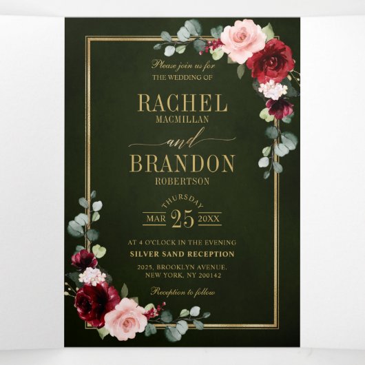 Burgundy Blush Bloemrijke Moderne Geometrische Tro Drieluik Aankondiging (Binnenkant midden)