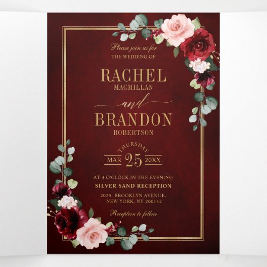 Burgundy Blush Bloemrijke Moderne Geometrische Tro Drieluik Aankondiging (Binnenkant midden)