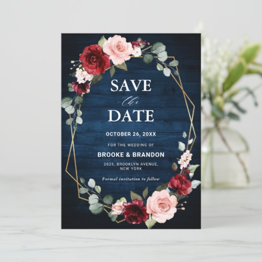 Burgundy Blush Bloemrijke Moderne Geometrische Tro Save The Date (Staand voorkant)