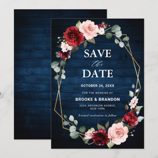 Burgundy Blush Bloemrijke Moderne Geometrische Tro Save The Date (Voorkant / Achterkant)