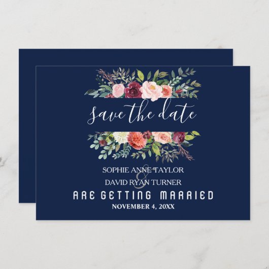 Burgundy Blush Bloemstuk Donkere Blauwe Save The D Save The Date (Voorkant / Achterkant)