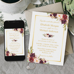 Burgundy Blush Bloom Floral Gold Lijst Weddenschap Kaart