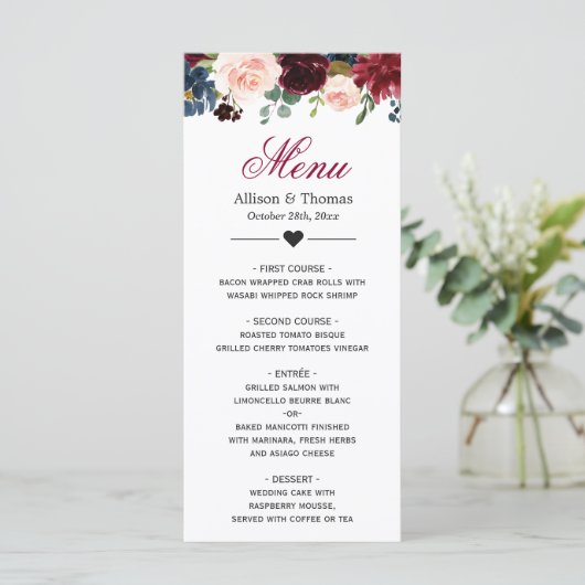 Burgundy Blush Blue Bloom Floral Wedding Menu (Staand voorkant)