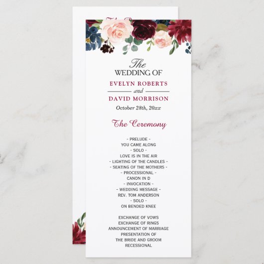 Burgundy Blush Blue Bloom Floral Wedding Programme Programmakaart (Voorkant / Achterkant)