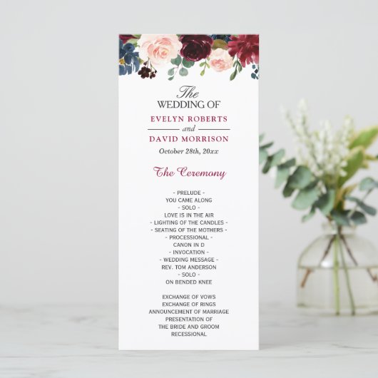 Burgundy Blush Blue Bloom Floral Wedding Programme Programmakaart (Staand voorkant)