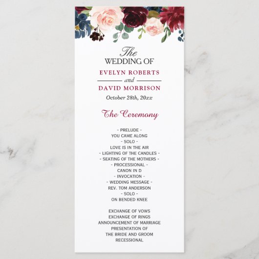 Burgundy Blush Blue Bloom Floral Wedding Programme Programmakaart (Voorkant)