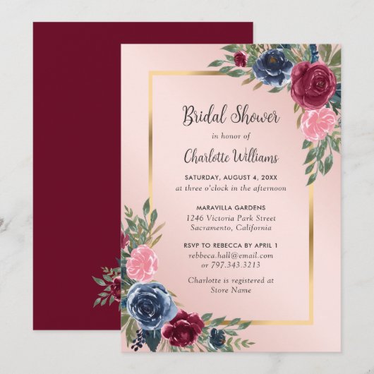 Burgundy Blush Blue Elegant Floral Vrijgezellenfee Kaart (Voorkant / Achterkant)