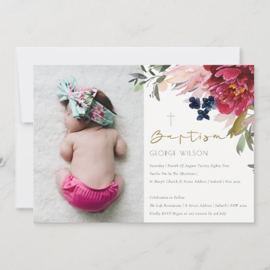 Burgundy Blush Blue Floral Foto Baptism Invite Bedankkaart (Voorkant)