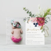 Burgundy Blush Blue Floral Foto Baptism Invite Bedankkaart (Staand voorkant)