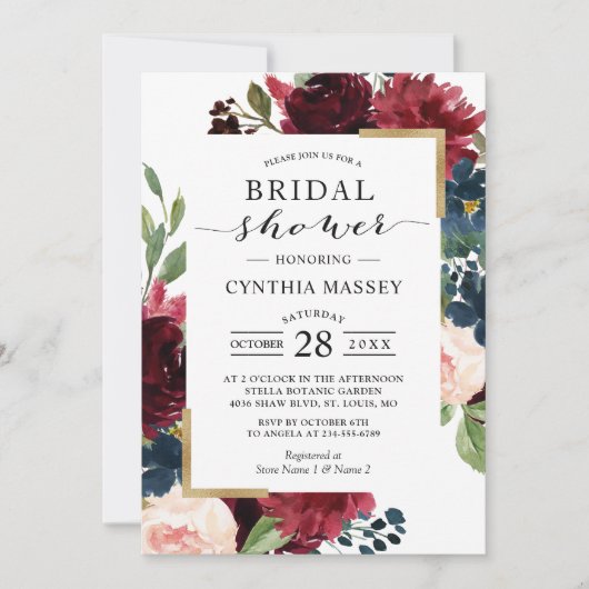 Burgundy Blush Blue Floral Modern Vrijgezellenfees Kaart (Voorkant)