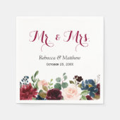 Burgundy Blush Blue Floral Mr. en Mrs Wedding Servet (Voorkant)