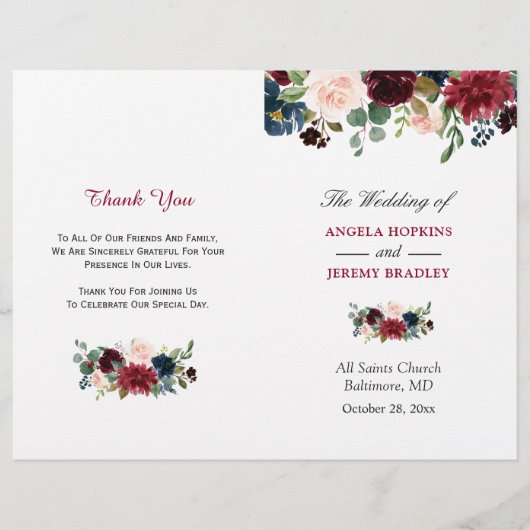 Burgundy Blush Blue Floral vouded Wedding Programm (Voorkant)