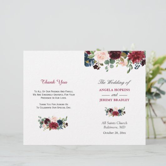 Burgundy Blush Blue Floral vouded Wedding Programm (Staand voorkant)