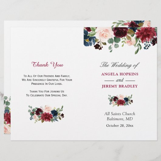 Burgundy Blush Blue Floral vouded Wedding Programm (Voorkant / Achterkant)