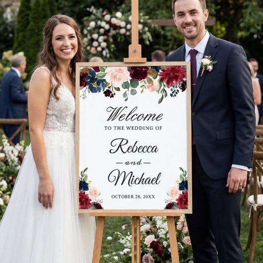 Burgundy Blush Blue Floral Weddenschap Welkom Poster