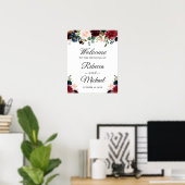Burgundy Blush Blue Floral Weddenschap Welkom Poster (Thuiskantoor)