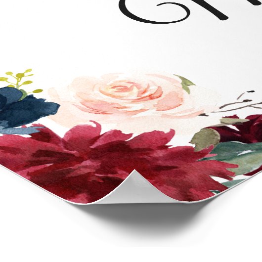 Burgundy Blush Blue Floral Weddenschap Welkom Poster (Hoek)
