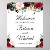 Burgundy Blush Blue Floral Weddenschap Welkom Poster (Voorkant)