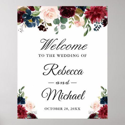 Burgundy Blush Blue Floral Weddenschap Welkom Poster (Voorkant)