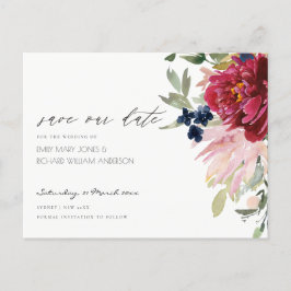 Burgundy Blush Blue Floral Wedding Save the Date Briefkaart