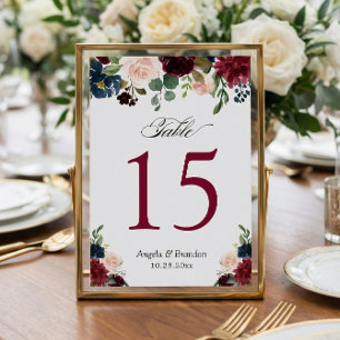 Burgundy Blush Blue Floral Wedding Table Numbers RSVP Kaartje
