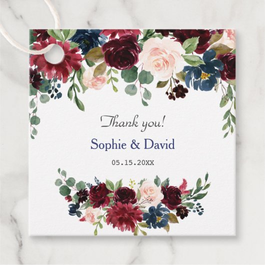 Burgundy Blush Blue Flowers Wedding Bedankjes Labels (Voorkant)