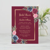 Burgundy Blush Blue Gold Floral Vrijgezellenfeest Kaart (Staand voorkant)